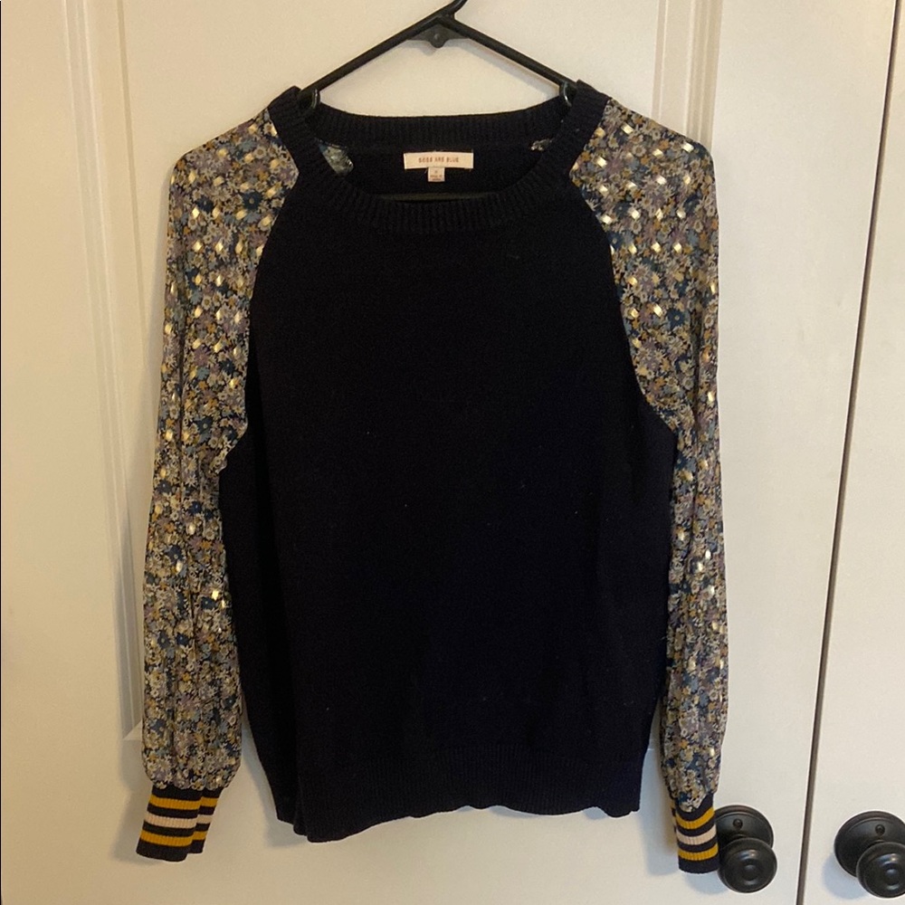 Navy Sweater with Sheer floral sleeves